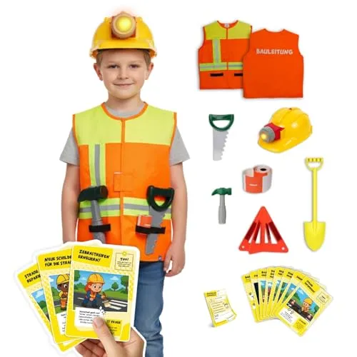 alldoro 60241 Bauleitung Rollenspielset – 9-teiliges Kostüm für kleine Bauleiter - Erlebe spannende Baustellen-Abenteuer mit Bauleiter-Weste, Helm und Zubehör. Fördert Teamarbeit und Kreativität durch spielerisches Lernen. Ideal für Kinder ab 3 Jahren!