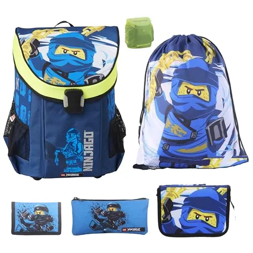 Familando Ninjago Schulranzen Set Jungen – Ergonomisch leicht und komplett ausgestattet - Schultaschen-Set für den ersten Schultag – Mit gefüllter Federmappe, Turnbeutel und Regenschutz, ergonomisch und nur 790g leicht für optimalen Tragekomfort.