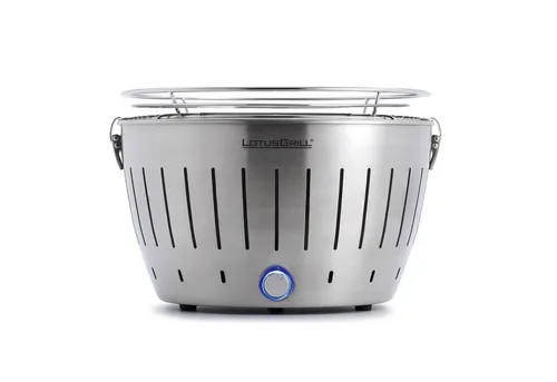 LotusGrill Classic Edelstahl G340 - Rauchfreier Holzkohlegrill - Grills der Kategorie Tischgrill, ideal für bis zu 5 Personen. Mit USB-Anschluss und sicherem Kohlebehälter, der bei Umfallen keine Glut verliert. Leicht und transportabel in stabiler Tasche.