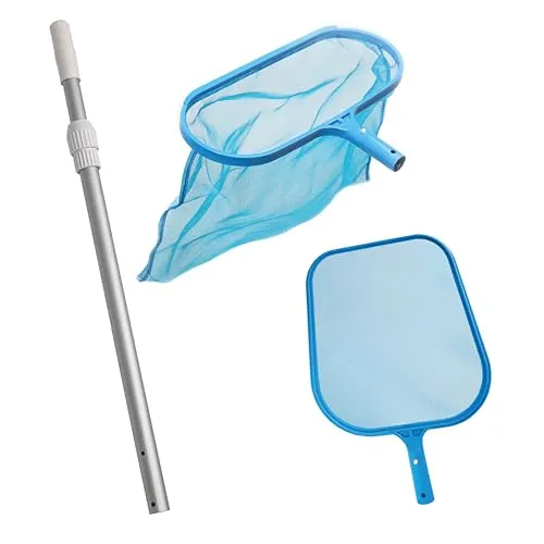 POWERHAUS24 3 in 1 Kescher-Set mit Oberflächen- / Laub- und Bodenkescher und Aluminium-Teleskopstange Ø 3cm, zweiteilig, ausziehbar bis 117 cm, für Pools und Whirlpools