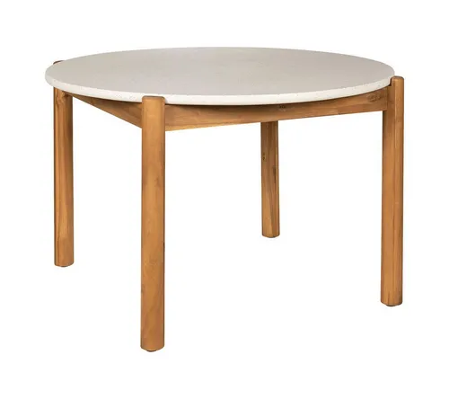 ebuy24 Gartentisch Terracina Ø120cm – Eleganter Esstisch - Runder Gartentisch mit natürlichem Design und stabilen Holzbeinen. Ideal für stilvolle Innenräume, bietet er eine einzigartige Optik und lädt zu geselligen Runden ein.