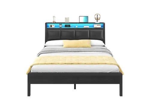 KIMENICH Polsterbett mit RGB-LED-Beleuchtung und Ladestation, 140x190cm schwarz - Modernes Plattfombett mit RGB-LED-Beleuchtung und praktischem offenen Kopfteilfach. Ideal für stilvolle Schlafzimmer und bietet Platz für persönliche Gegenstände.