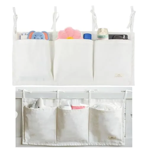 Nachttisch-Aufbewahrungskorb,Bett-Aufbewahrungsbox,Kinderbett-Aufbewahrungstasche,Betttasche,hängende Aufbewahrungstasche für Spielzeug,Bücher,Flaschen,Windelpads,Fernbedienungen,68x33cm (Weiß)