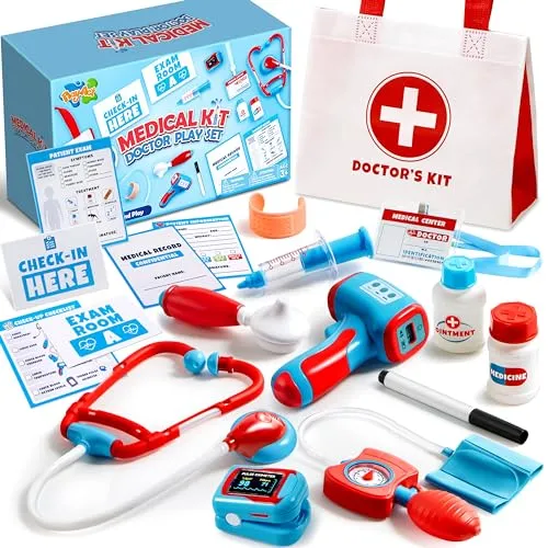 Play-Act Kids Doctor Kit, 16-teiliges Pretend Play Medical Kit mit Tasche, Doktor Rollenspiel Set mit realistischem Spielzeug Stethoskop, Wiederverwendbare Rekordkarten, Dress Up Spielset für