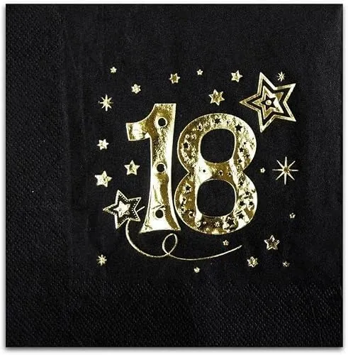 Papierservietten für 18. Geburtstag, Party, achtzehnter Geburtstag, Goldschrift, Silberschrift, Tischdekoration, 33x33cm Schwarze Servietten, Sterne (Gold)