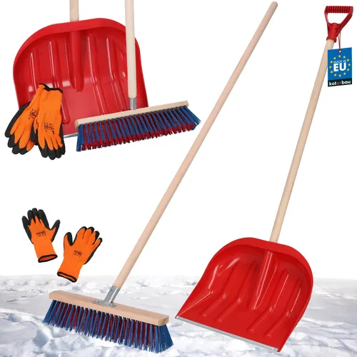 KOTARBAU® Set Schneeschaufel mit Holzstiel 134,5 cm Straßenbesen 43 cm + Handschuhe Schneeschieber Snow Shovel Schneeräumer Gartenbesen mit Stiel draußen Schneeschaufel Auto Holz Stiel zur Schneeräumu