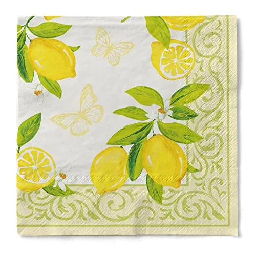 Sovie HORECA Serviette NANCY aus Tissue, 3-lagig, 33 x 33 cm, 1/4 Falz, 100 Stück, Mediterran Zitronen, weiche, saugfähige Einweg-Serviette für Gastronomie und Events