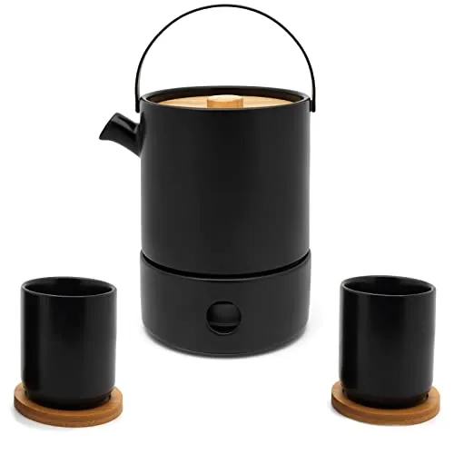 Bredemeijer Teekannen Set - schwarze Keramik-Kanne 1.2 Liter & Tee-Filter Sieb-Einsatz für losen Tee & Stövchen & 2 Steingut Teebecher - 6-tlg.