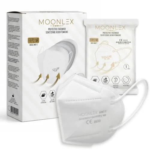 Moonlex FFP2 Maske I Atemschutzmaske 5-Lagen I Staubschutzmaske hygienisch einzeln verpackt, CE zertifizierte Masken I faltbare Partikelfiltrierende Halbmaske, hohe Atmungsaktivität, Farbe: weiß