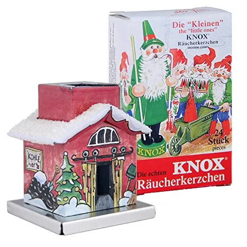 KNOX - Räucherhaus The Little One aus Metall für Räucherkerzen Größe S - Motiv: Heizhaus - Höhe: ca. 4,5 cm - Inklusive 24 Stück Räucherkerzen - Duftnote: Bunte Mischung