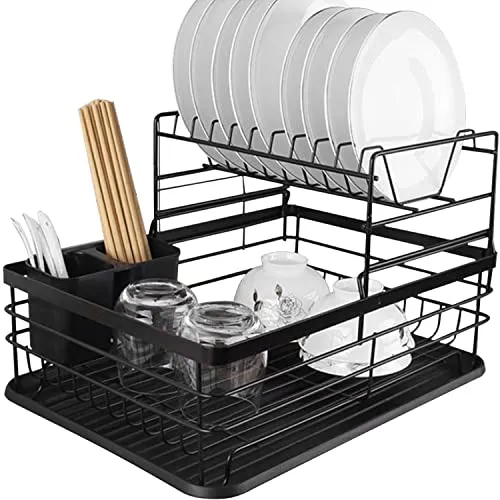 GESCHIRR ABTROPFSTÄNDER MIT AUFFANGSCHALE 2 ETAGEN SCHWARZ - Halter & Ständer für die Küche, modernes Design mit 2 Etagen für platzsparendes Abtropfen von Geschirr und integrierter Auffangschale.