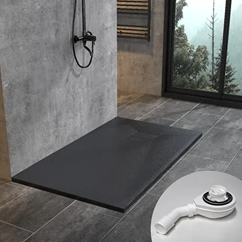 Duschwanne 160x80 cm SMC Brausewanne schwarz Steinoptik Antirutsch Duschtasse Höhe 3,2 cm Niedrige Schwelle Extraflach Brausetasse mit Edelstahl-Abflussrinne und Ablaufgarnitur Ø 90 mm