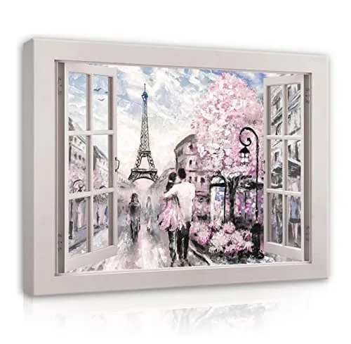 WallArena - Leinwand Bilder Fensterbilck Fenster Paris Eiffelturm Aquarell - 80x60 cm Leinwandbilder Bild auf leinwand Wandbild XXL groß Wandbilder für Wohnzimmer Schlafzimmer Wohnzimmerbilder Modern