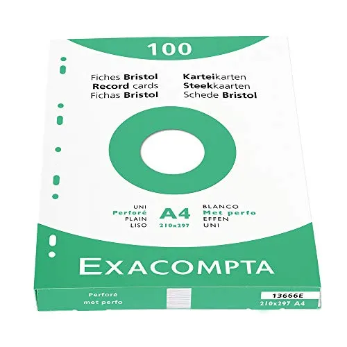 Exacompta 13666E 100er Pack Karteikarten blanco DIN A4 in Kartonschachtel 21 x 29,7 cm gelocht ideal für die Schule und Universität zum Lernen weiß