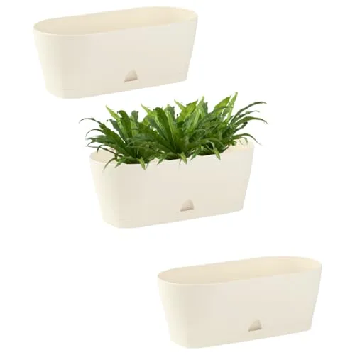 Engelland - 3 x Blumenkasten mit Untersetzer, Beige, Balkonkasten, Pflanztopf, 25 cm, Tischdeko, für Garten, Terrasse, Fensterbank, mit Wasserauffangschale, Innen- & Außenbereich, 1,7 Liter