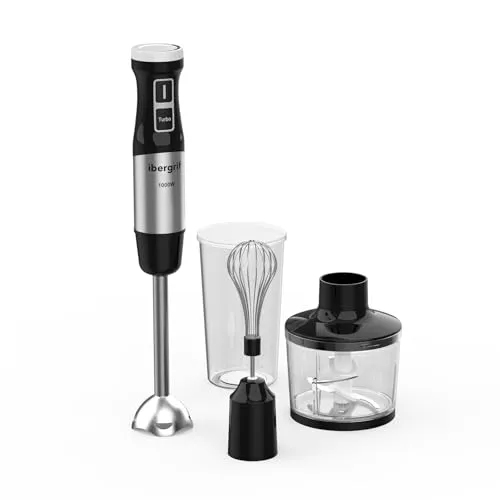 Ibergrif Stabmixer 1000W 4-in-1 Edelstahl Handmixer mit stufenloser Geschwindigkeitsregelung und Turbo Taste, Elektrischer Pürierstab Set mit 500 ml Zerkleinerer, 600 ml Messbecher und Schneebesen