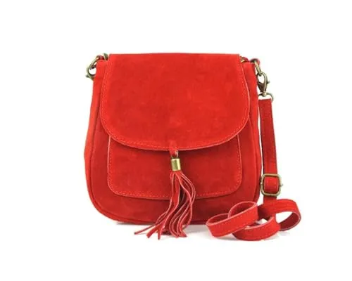 Elegante Damen Leder Tasche aus Italien – Messenger Bag in Rot mit Fransen - Stilvolle Schultertasche aus 100% italienischem Wildleder. Mit abnehmbarem Gurt, praktischen Fächern und glamourösen Details perfekt für jeden Anlass.