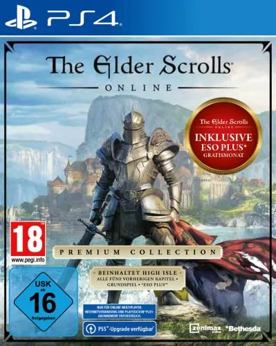 The Elder Scrolls Online: Premium Collection für PS4 - Erleben Sie die vollständige Elder Scrolls Online Sammlung mit allen Kapiteln und 1 Monat ESO Plus. Tauchen Sie ein in die faszinierende Welt von Hochinsel und Amenos und entdecken Sie spannende Geschichten und Abenteuer.