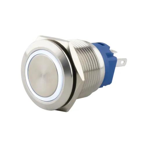 SeKi Edelstahl Drucktaster Ø19mm flach LED Ring in weiss 0,5x2,8 Pins 250V 3A