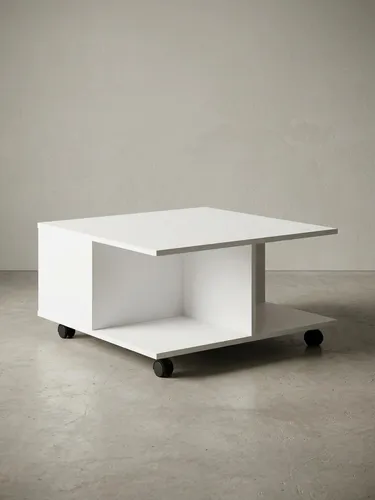 Design Couchtisch 70x70 cm Weiß mit Schubladen und Rollen