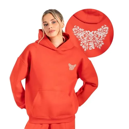 SMILODOX Hoodie Damen Nala, Oversize Fit Pullover mit großer Kapuze und Butterfly Print, bequemes Sweatshirt, weicher Flauschiger Stoff Kapuzenpullover, Idealer Sweater für Freizeit und Sport
