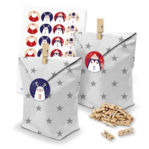 itenga Adventskalender Bastel-Set I 24 Geschenktüten Sterne aus Papier I Deko Holzklammern I Aufkleber mit den Zahlen 1 bis 24 Weihnachtsfiguren