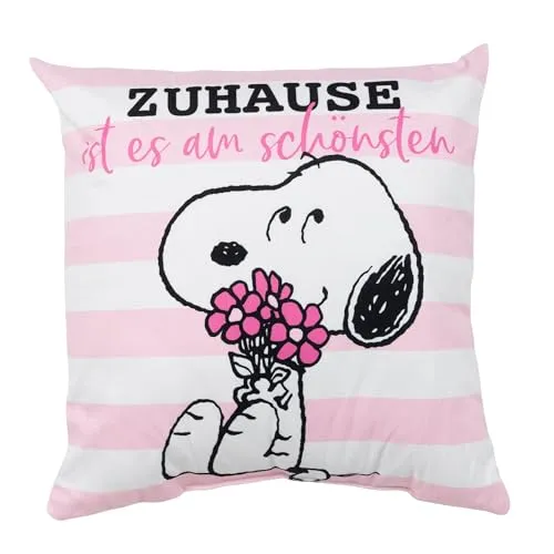 United Labels The Peanuts Snoopy Kissen, Kopfkissen 40x40 cm, Rosa Weiß, Sofakissen Zuhause ist es am schönsten, Dekokissen für Fans