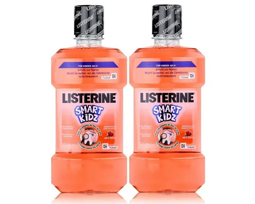 Listerine Mundspülung Smart Kidz Mild Berry 500ml - Alkoholfrei & Zuckerfrei - Die Listerine Smart Kidz Mild Berry Mundspülung sorgt für eine gründliche Mundreinigung bei Kindern. Mit mildem Beerengeschmack und ohne Zucker ist sie ideal für die tägliche Pflege und unterstützt die Zahngesundheit spielerisch.