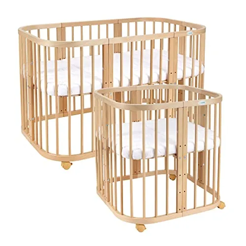 Waldin Babybett 7in1 aus Holz - Mitwachsendes Mobiles Babybett - Gitterbett aus massivem Buchenholz, inklusive Matratze und 4 feststellbaren Rollen für einfache Mobilität. Ideal für Neugeborene und mitwachsend bis ins Kleinkindalter.