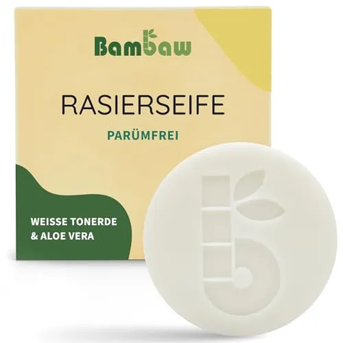 Bambaw | Rasierseife | 80g | Rasierseife mit weißer Tonerde & Aloe vera | Rasierseife für trockene Haut | Vegane Seife | Rasierseife ohne Parfum