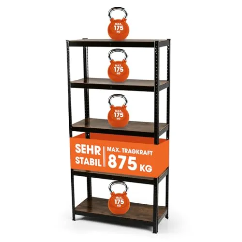 EASYmaxx Standregal Industrie Design, 875 kg Traglast - Standregal mit 5 verstellbaren Ablagen, ideal für Lagerung und Ordnung in Küche, Büro oder Garage. Robuste Metallkonstruktion für vielseitige Einsatzmöglichkeiten.