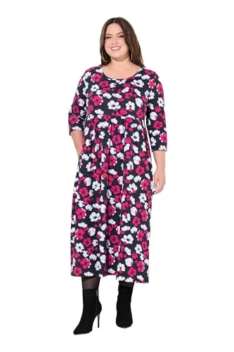 Ulla Popken Damen große Größen Übergrößen Plus Size Jerseykleid, Blüten, A-Linie, Runhals, 3/4-Arm, Taschen schwarz 54+ 837022100-54+