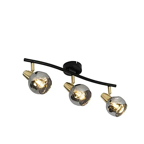 Qazqa Art Deco Deckenleuchte - 3-flammig in Gold mit Rauchglas - Elegante Deckenlampe im Art Deco Stil, ideal für Wohnzimmer und Schlafzimmer. Dimmbar und LED geeignet, schafft eine gemütliche Atmosphäre.