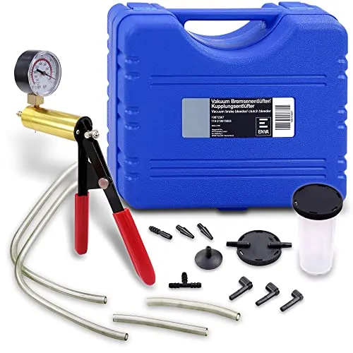 ENVA Vakuum Bremsenentlüfter und Kupplungsentlüfter - Praktisches Werkzeug für effizientes Entlüften von Bremsen und Kupplungen, inkl. Handpumpe, Manometer und verschiedenen Adaptern für vielseitige Anwendungen.