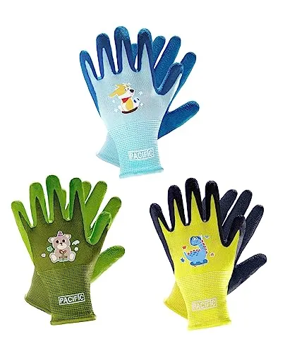 PACIFIC 3 Paar Kinder Gartenhandschuhe für 8-13 Jahre, Naturlatex-beschichtete Gartenhandschuhe, Rutschfeste Kinder Sicherheitshandschuhe, für Outdoor, Malen & DIY, Jungen & Mädchen, Mehrfarbig, XS