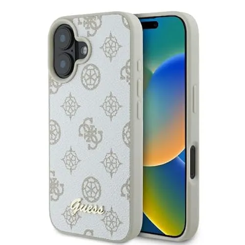 Guess iPhone 16 Hülle Case Cover MagSafe Peony Script Logo White - Stylische Schutzhülle für iPhone 16 mit MagSafe, schockabsorbierend und anti-fingerprint, perfekt für eleganten Schutz.