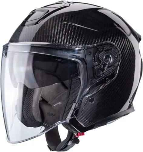 Caberg Flyon II Carbon Jethelm - Schwarz - L - Motorradhelm aus leichtem Carbon, mit kratzfestem Visier und integrierter Sonnenblende für optimale Sicht und Sicherheit. Ideal für Tourenfahrer und ausgestattet für Bluetooth-Kommunikation.