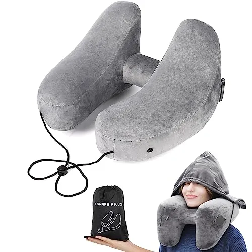 Czemo Aufblasbares Nackenkissen Reisekissen Flugzeug, Schnell Aufblasbares Nacken Kissen Flugzeug, Halskissen H Geformte, Travel Pillow Für Reisen im Auto,Flugzeug,Zug,Grau