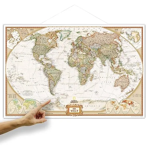 ORBIT Globes & Maps - Weltkarte mit Kartenbild von National Geographic - Poster mit Leisten, Aktuell 2025, 90x60 cm, deutsch, Maßstab 1:46 Mio