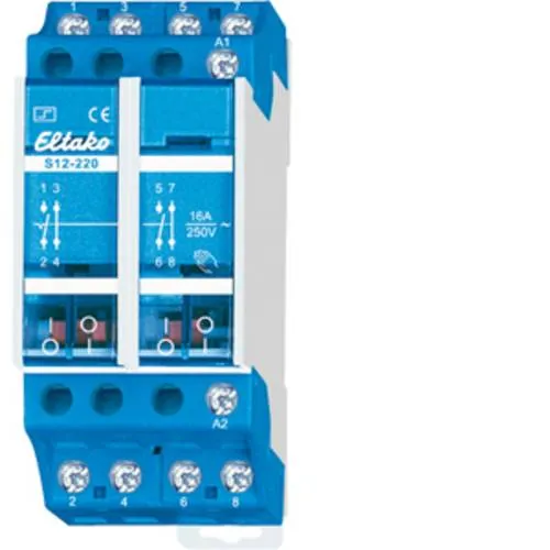 Eltako Stromstoß-Schalter S12-220-230V – 2 Öffner, 2 Schließer - Stromstoßschalter für Hutschiene, ideal für effiziente Impulssteuerung mit Handbetätigung und Schaltstellungsanzeige. Perfekt für moderne Elektroinstallationen.