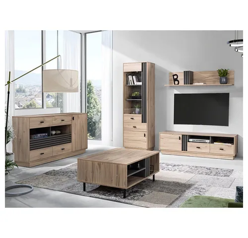 Lomadox Wohnzimmer-Set ANTIGUA-133 – Mega-Spar-Set mit 5 Teilen - Kombination aus Vitrine, Sideboard, Lowboard, Wandregal und Couchtisch in Eiche mit anthrazitfarbenen Details. Bietet viel Stauraum und ist ideal für Ihr Wohnzimmer.