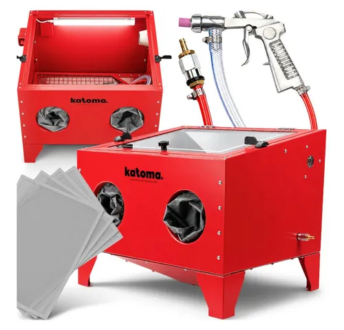 Katoma Sandstrahlkabine SBC90, 90 L - Druckluftgerät für professionelle Reinigung und Oberflächenbehandlung von Metallteilen, mit stabiler Stahlkonstruktion und Strahlpistole für effizientes Arbeiten.