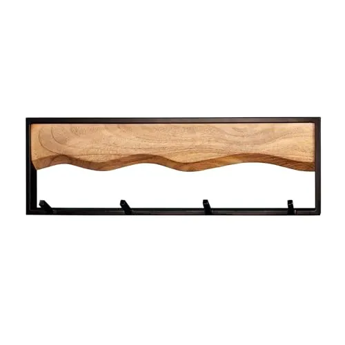 riess-ambiente Wandgarderobe AMAZONAS 60cm, natur/schwarz - Einzigartiges Design - Garderobenpaneele aus massivem Mangoholz und pulverbeschichtetem Metall, mit 4 Haken für Jacken und Taschen - jedes Stück ein Unikat mit natürlichem Flair.