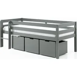 Kojenbett Karolina 90x200 cm - Massivholz Grau - Modernes Kojenbett aus grauem Massivholz mit halbhoher Liegefläche, ideal für Dachschrägen. Inklusive 3 geräumigen Schubkästen für praktischen Stauraum. Einfache Selbstmontage mit Anleitung.