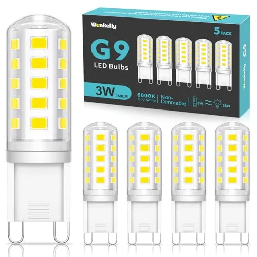 Wonkelly G9 LED Lampen Kaltweiss, 3W, 350LM, 6000K, Ersatz für 35W Halogenlampe, G9 LED Leuchtmittel, Nicht dimmbar, Kein Flimmern, 360° Abstrahlwinkel, AC 220-240V, Energiesparende Glühbirne-5 Stück