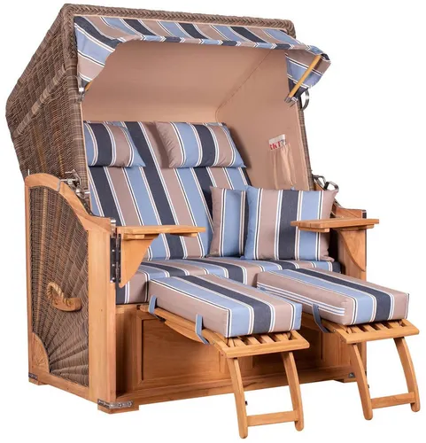 MR. DEKO® Strandkorb Seeblick 2-Sitzer aus Teakholz - Stylischer 2-Sitzer Strandkorb in Grau & Braun mit verstellbarem Volllieger, ideal für Garten oder Terrasse. Inklusive 4 Kissen und Fußablagen für höchsten Komfort.