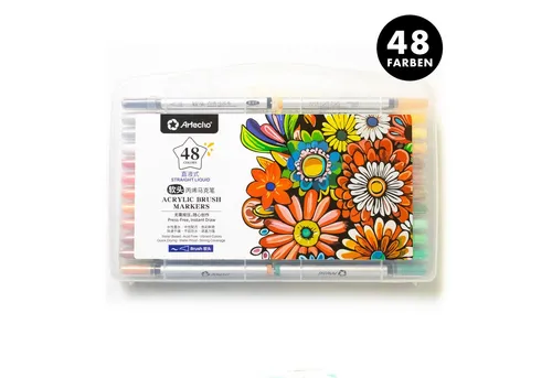 Artecho Acrylstifte Set – 48 Farben, Wasserfest & Vielseitig einsetzbar - 48 leuchtende Acrylmarker mit hoher Deckkraft für kreative Projekte. Ideal für verschiedene Oberflächen – sofort einsatzbereit dank flüssiger Tinte. Perfekt für DIY, Scrapbooking und Kunstprojekte!