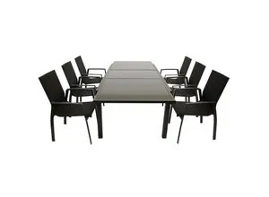 DEGAMO Garnitur TORINO 7-teilig - Gartenmöbel-Set für 6 Personen mit modernem Design. Ausziehbarer Tisch mit Glasplatte (180-240cm) und bequeme Stapelsessel aus Kunstgewebe für optimalen Komfort.