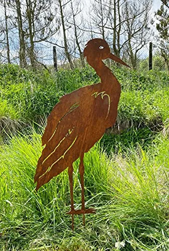 Reiher stehend 75x43cm + Stäbe Gartenstecker Edelrost Gartendeko Wetterfest Rost Teichdeko Metall Kranich Storch von Steinfigurenwelt