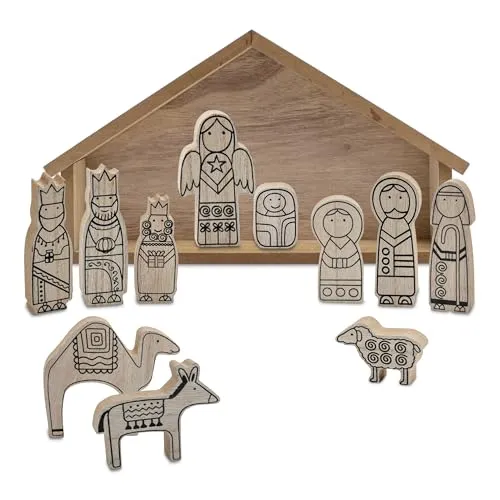 Spetebo Krippenstall und Figuren aus Holz Natur - 12 teilig - Weihnachtskrippe mit Stall und 11 Holzfiguren - Tischkrippe Weihnachtsdeko Krippe Jesu Geburt Weihnachten Tisch Deko Aufsteller